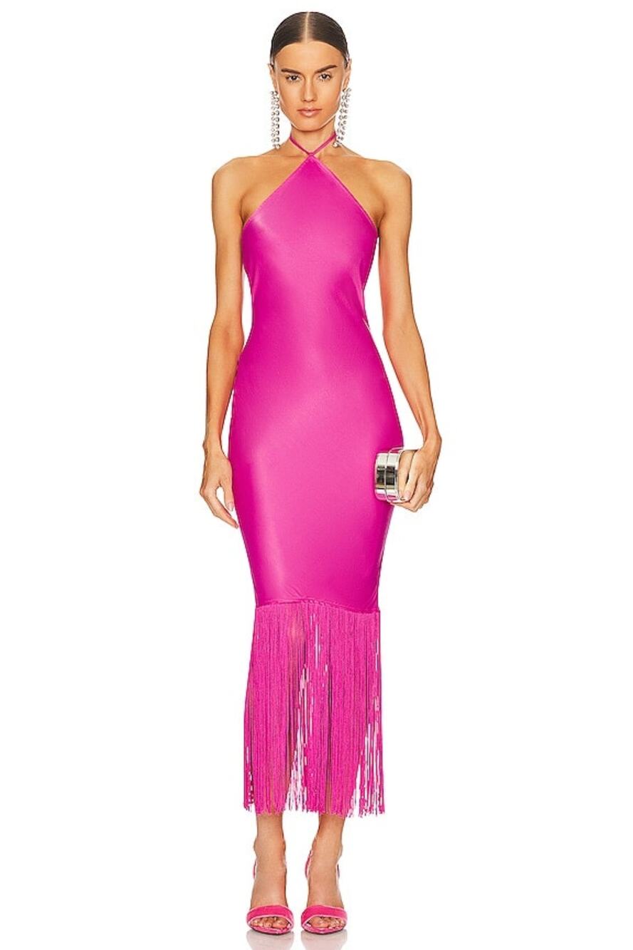 Camila Coelho Payton Party Fringe Halter Hot Pink Maxi Dress NWT Small